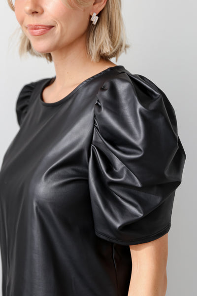 womens Black Puff Sleeve Leather Blouse