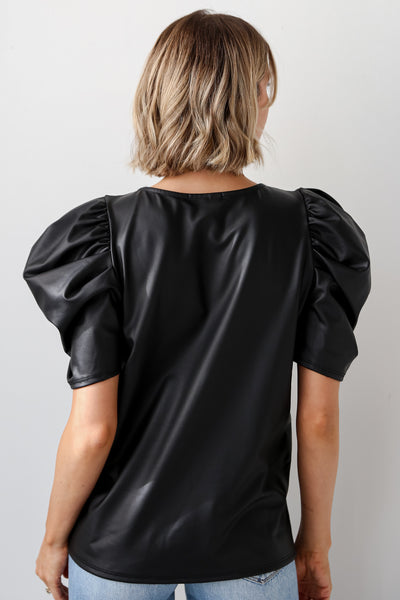 Black Puff Sleeve Leather Blouse for women
