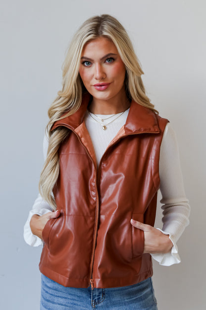 Camel Leather Puffer Vest on model