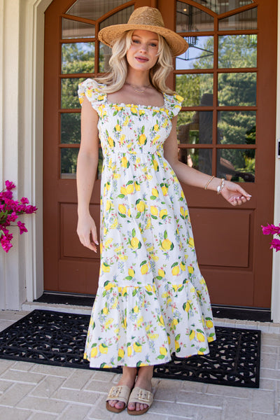 Sunny Days White Lemon Print Midi Dress | Cute Women's Dress