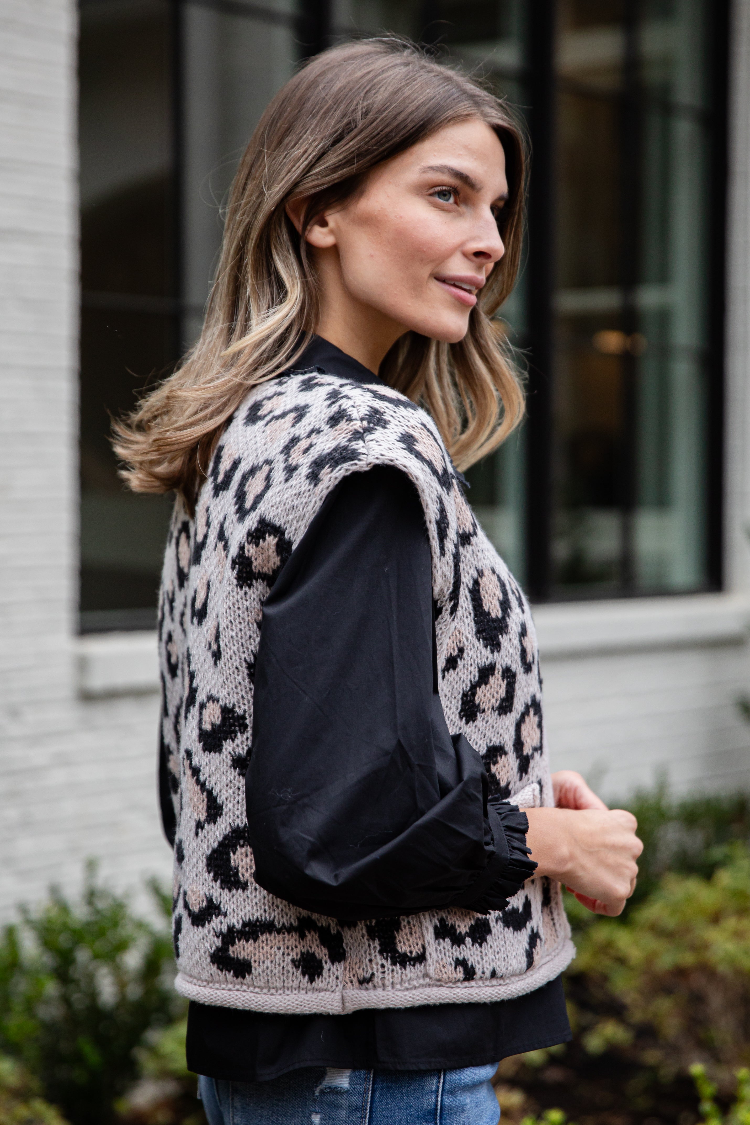 Leopard Button Front Knit Vest | Trendy Women's Tops | ShopDressUp