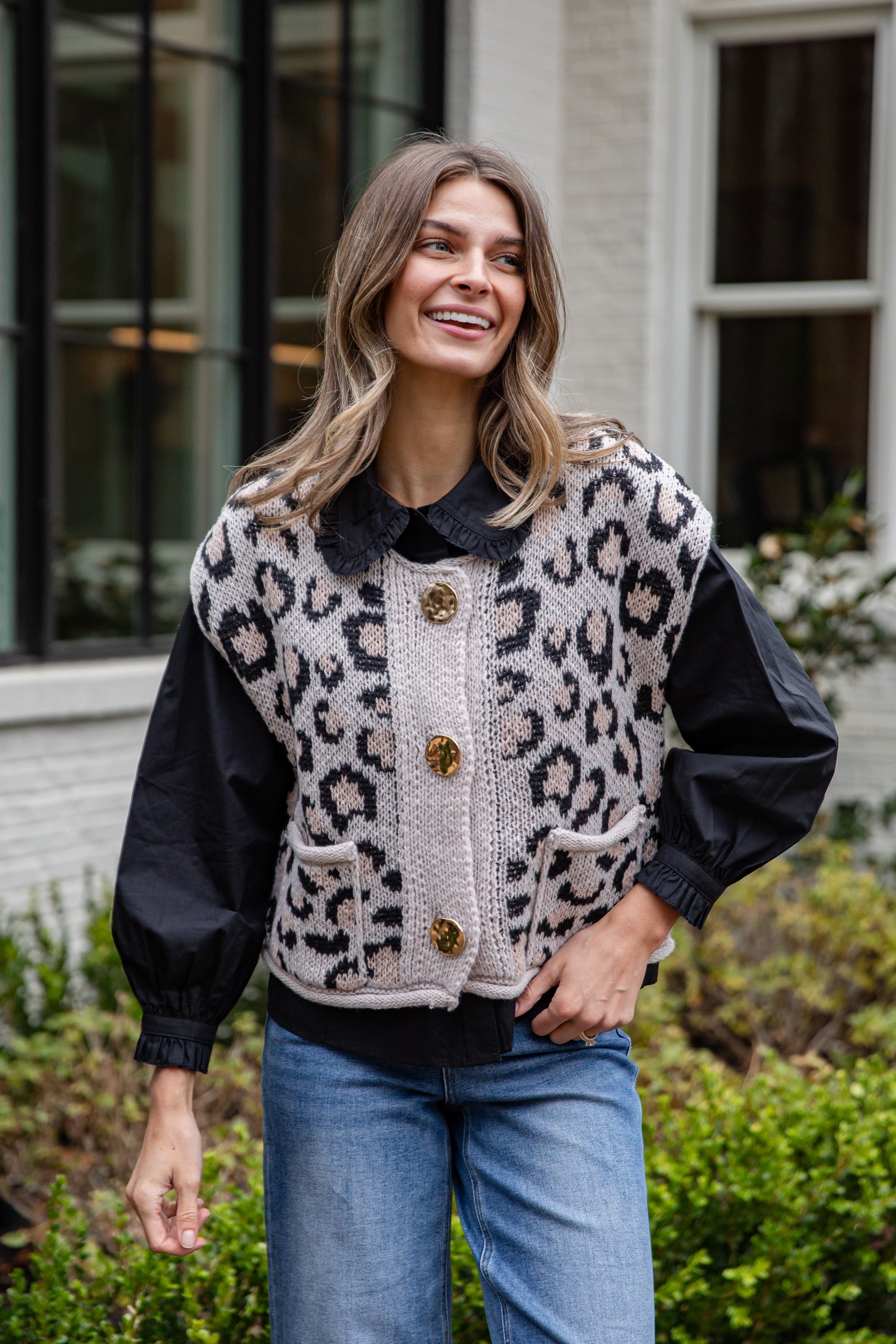 Leopard Button Front Knit Vest | Trendy Women's Tops | ShopDressUp