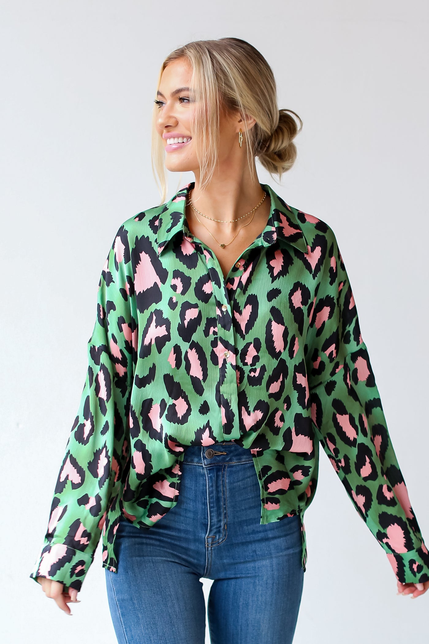 Green Leopard Button-Up Blouse front view