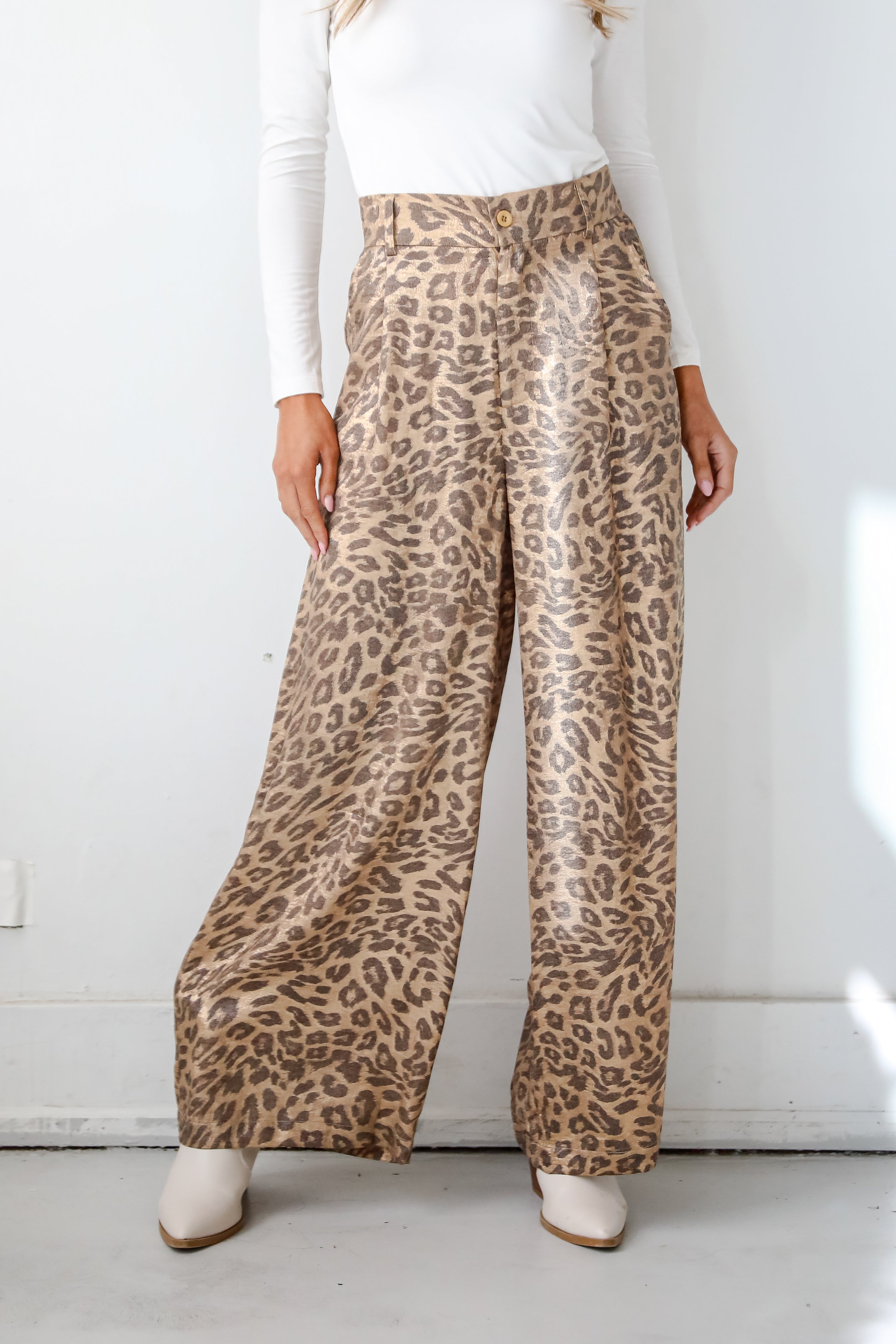 Wildly Poised Leopard Metallic Trouser Pants