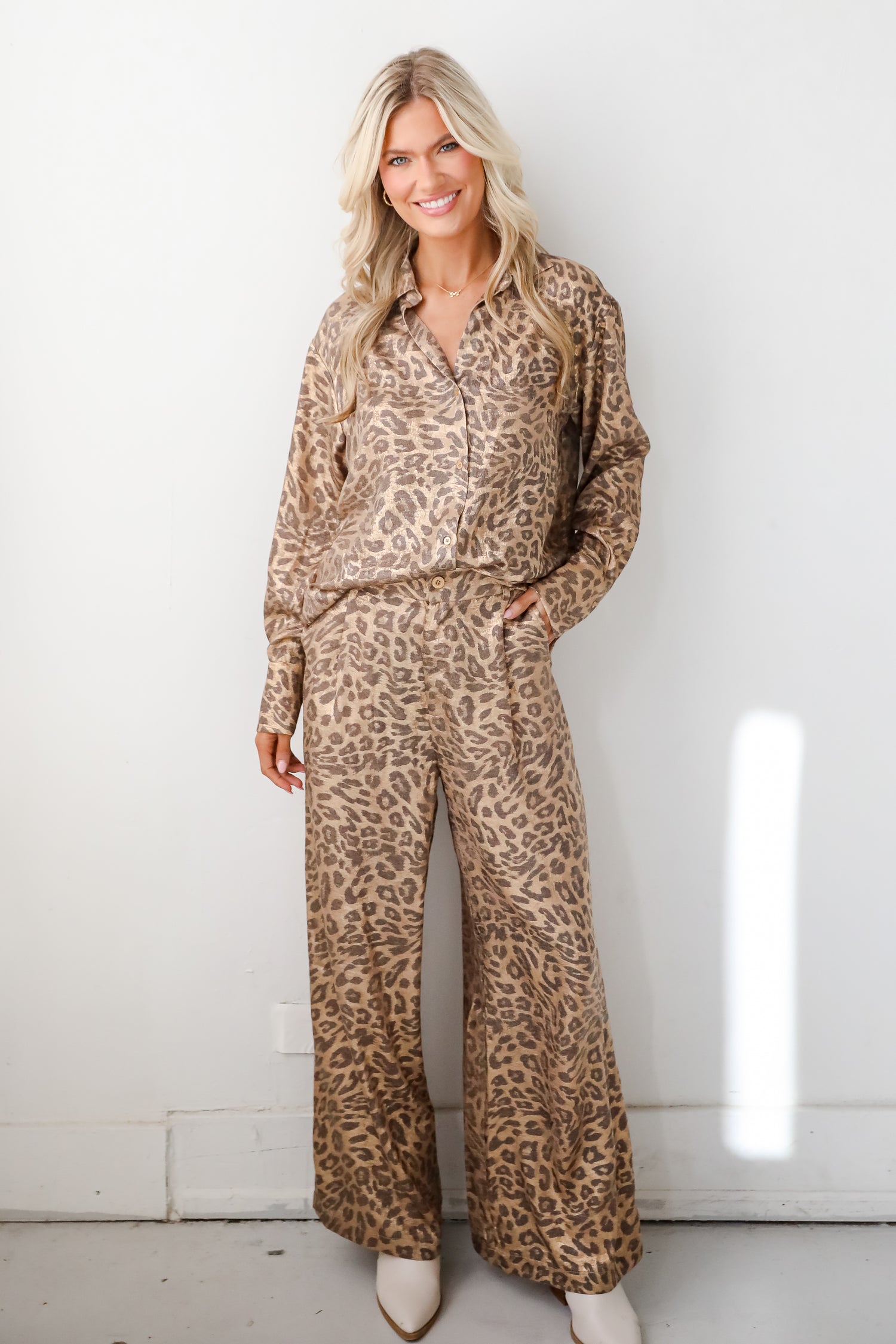 Wildly Poised Leopard Metallic Trouser Pants