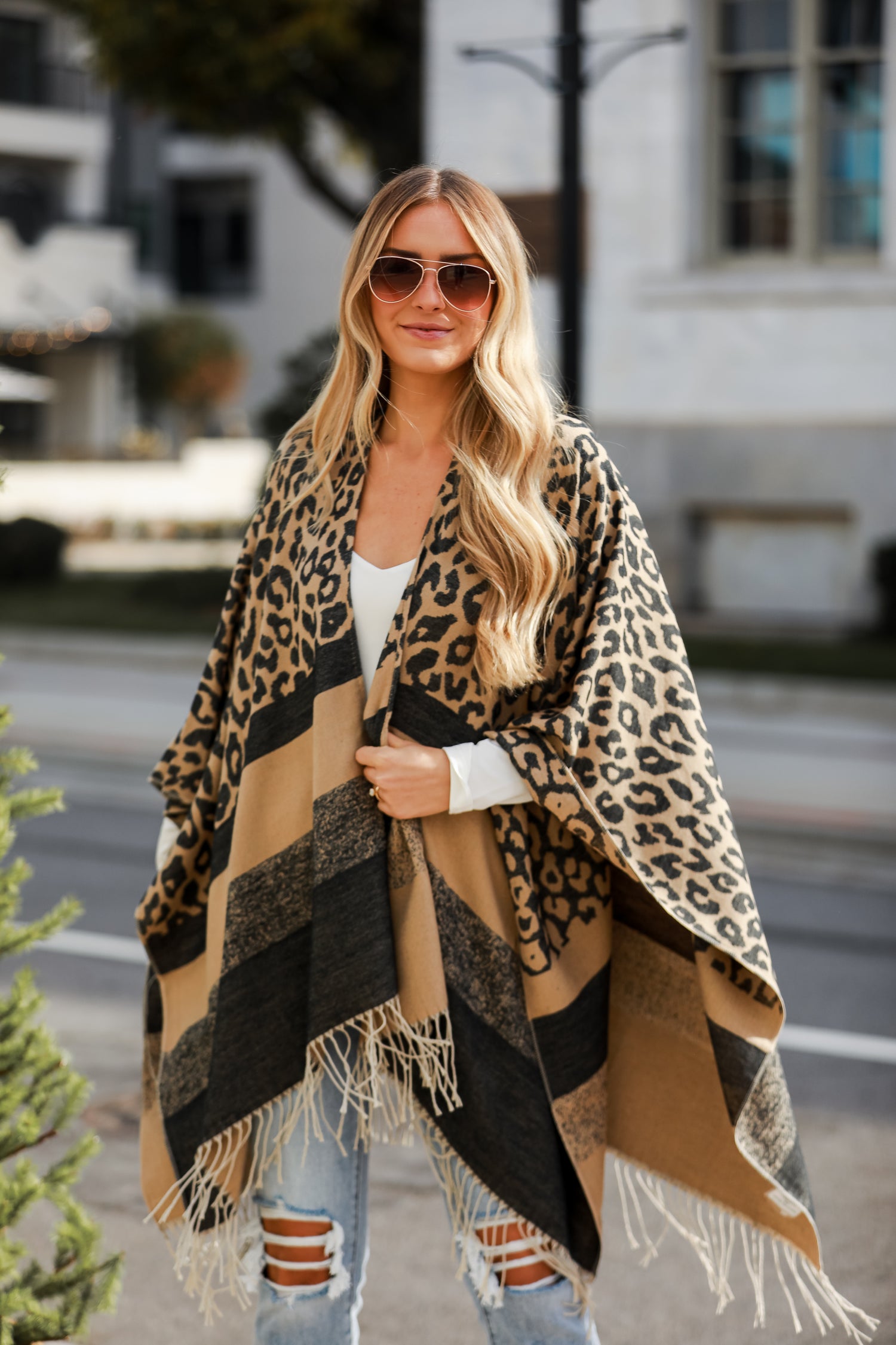 Brown Leopard Fringe Shawl