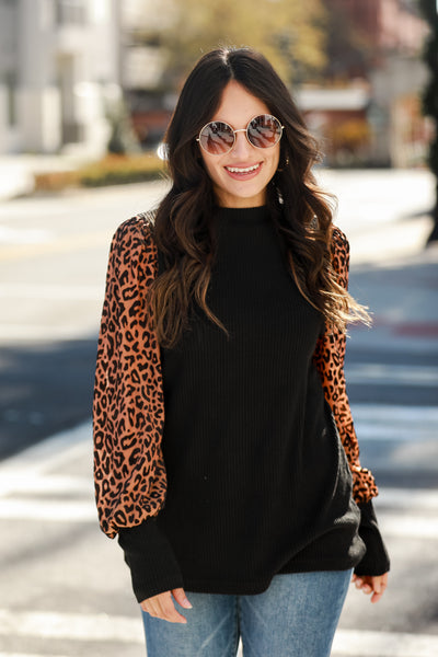 trendy black Leopard Print Sleeve Knit Top