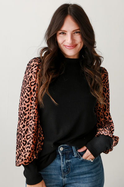 cute black Leopard Print Sleeve Knit Top