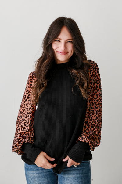 black Leopard Print Sleeve Knit Top for women