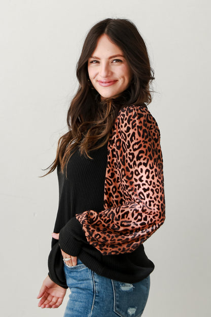 black Leopard Print Sleeve Knit Top side view