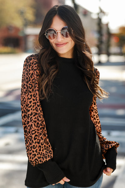 black Leopard Print Sleeve Knit Top