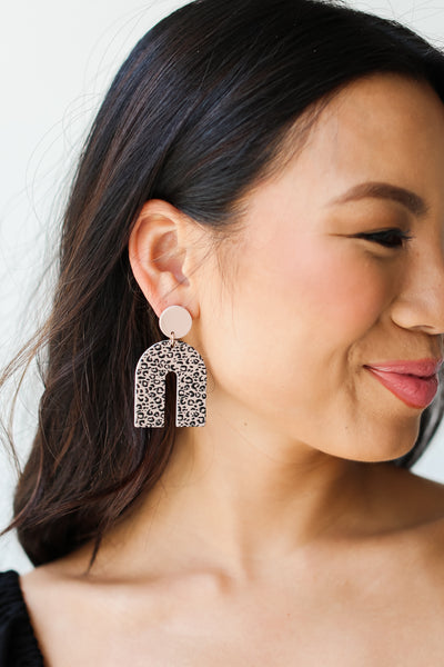 taupe Leopard Acrylic Statement Earrings on model
