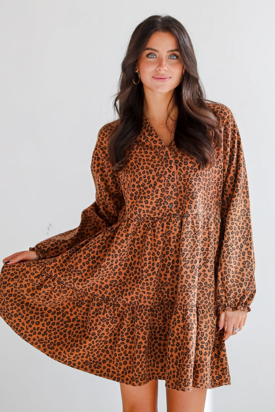 Fierce Charm Camel Leopard Tiered Mini Dress