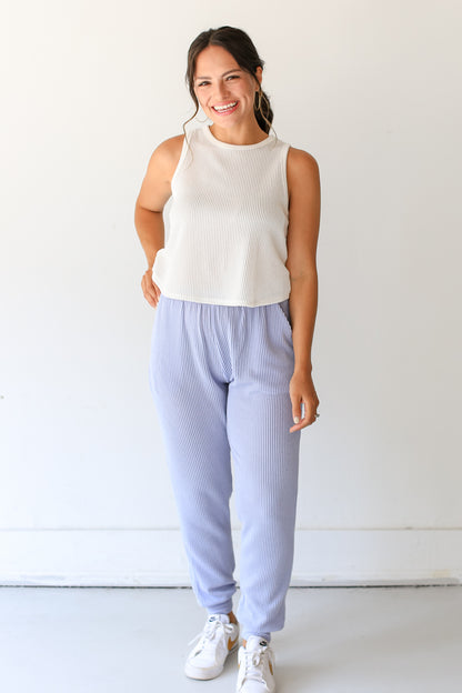 blue Corded Joggers on model