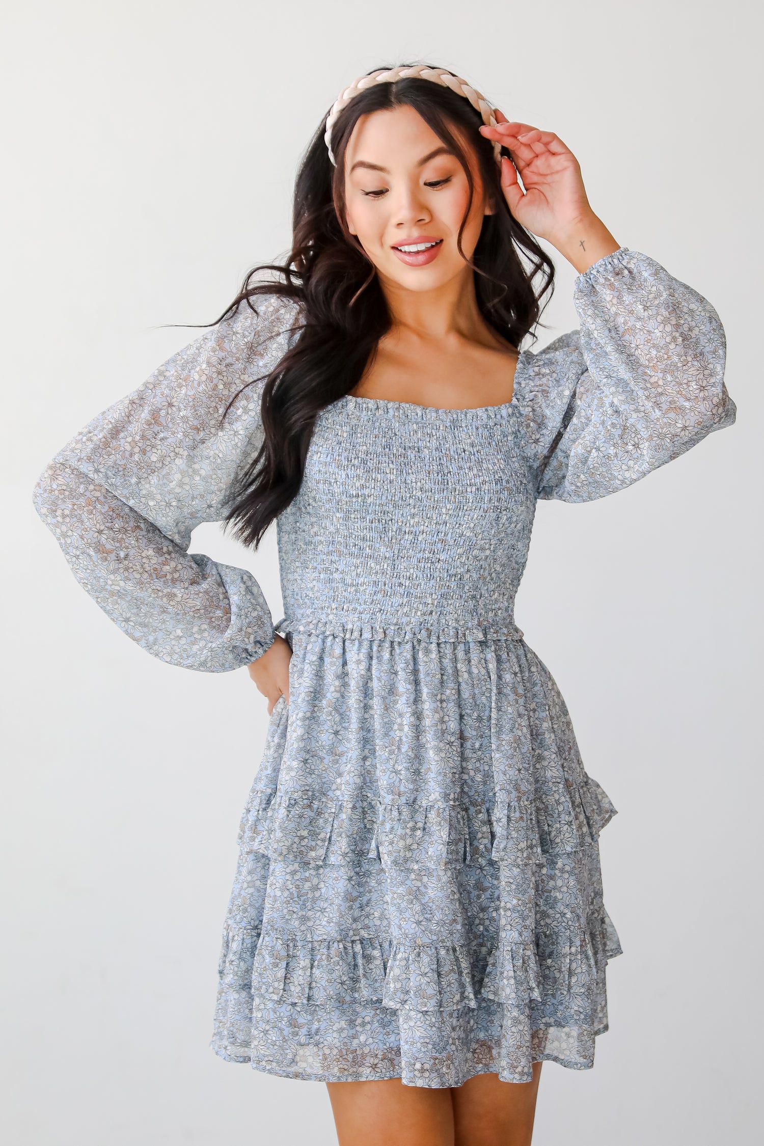 Cute Light Blue Floral Smocked Mini Dress Spring Dresses