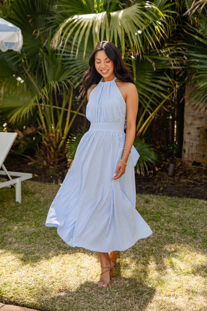 Trendy Blue Gingham Midi Dress | Women's Dresses