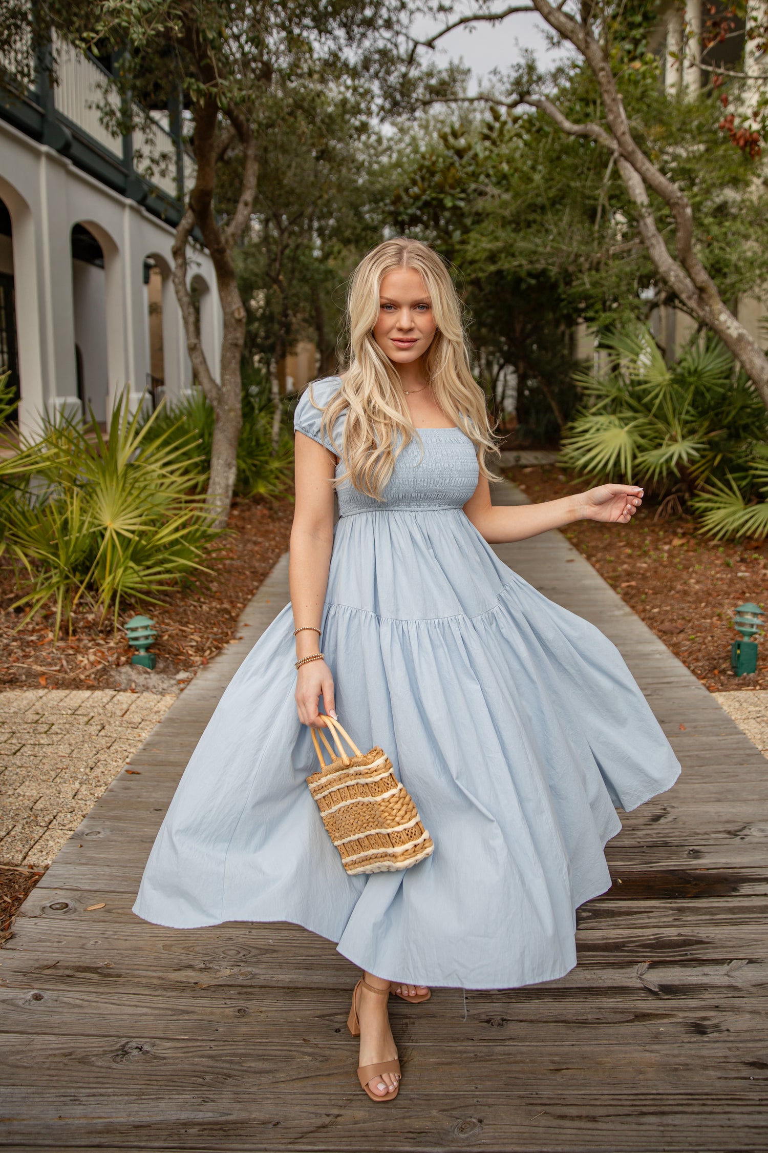 Coastal Muse Light Blue Smocked Midi Dress