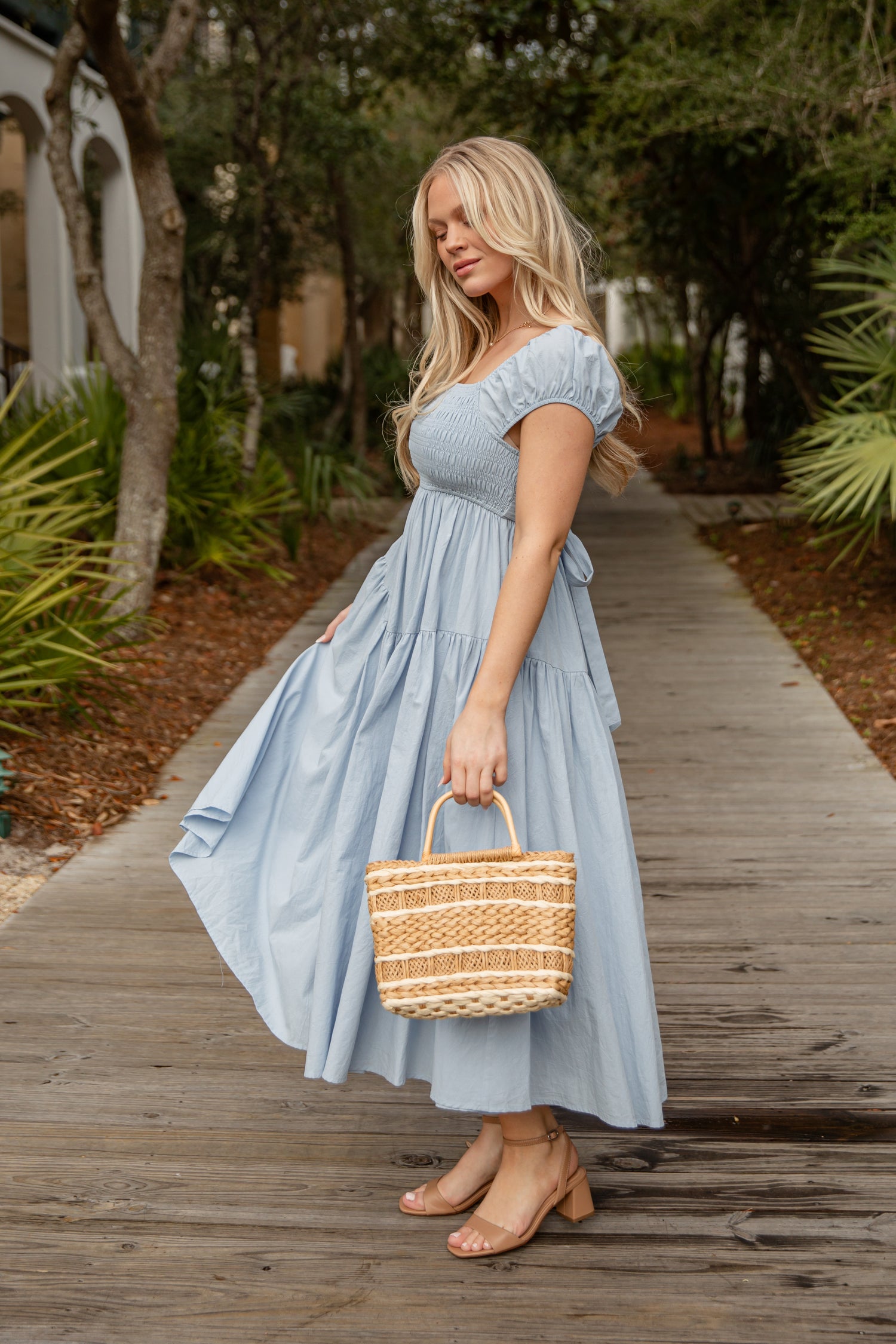 pale blue dress midi Baby Blue Sheath Midi Dress with Open Back and 3/4 Voluminous Sleeves