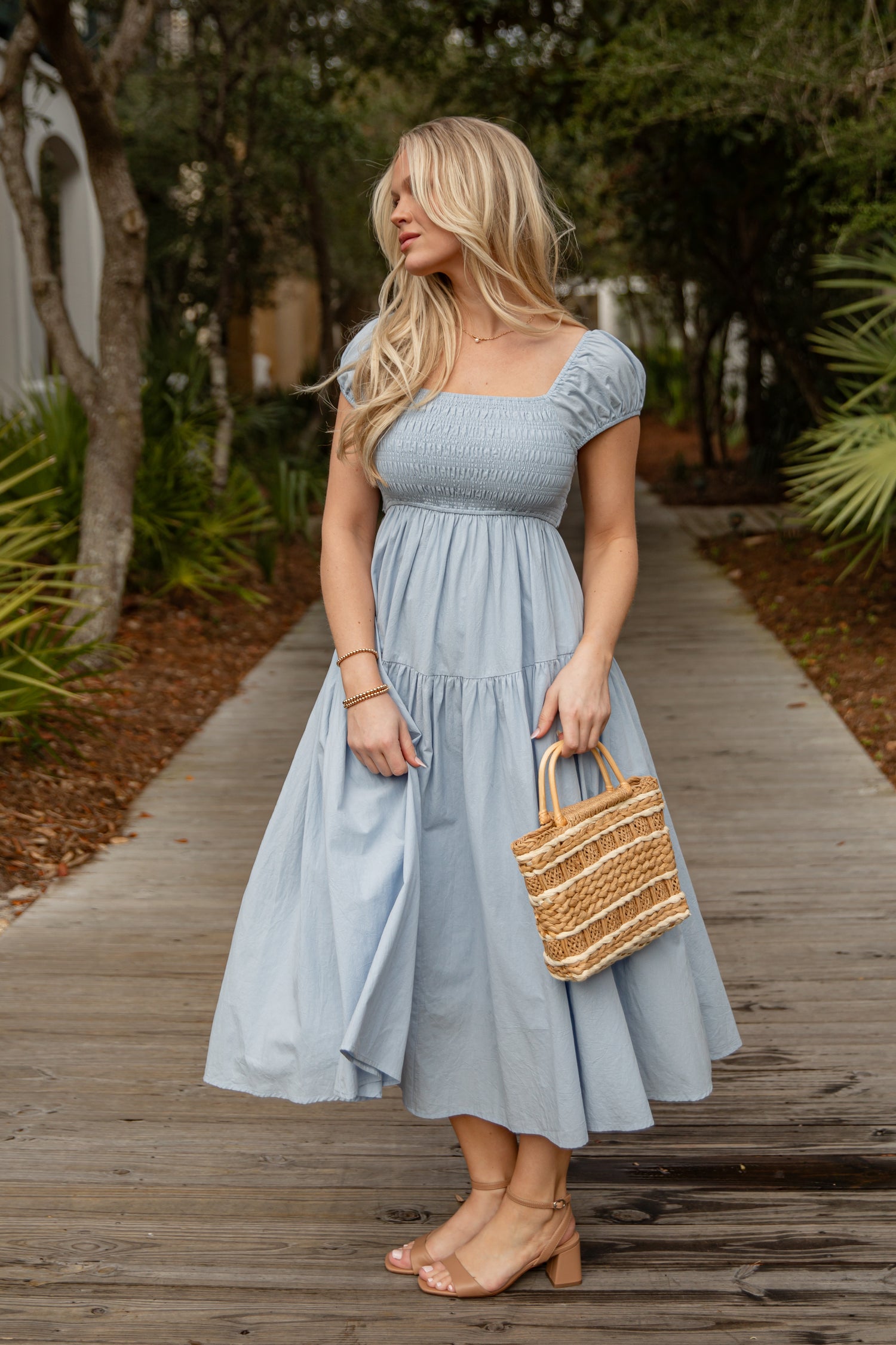 smocked midi dress with puff sleeves Sail to Sable Chambray Puff Sleeve Smocked Midi Dress LIGHT Chambray / XXXL / F2501