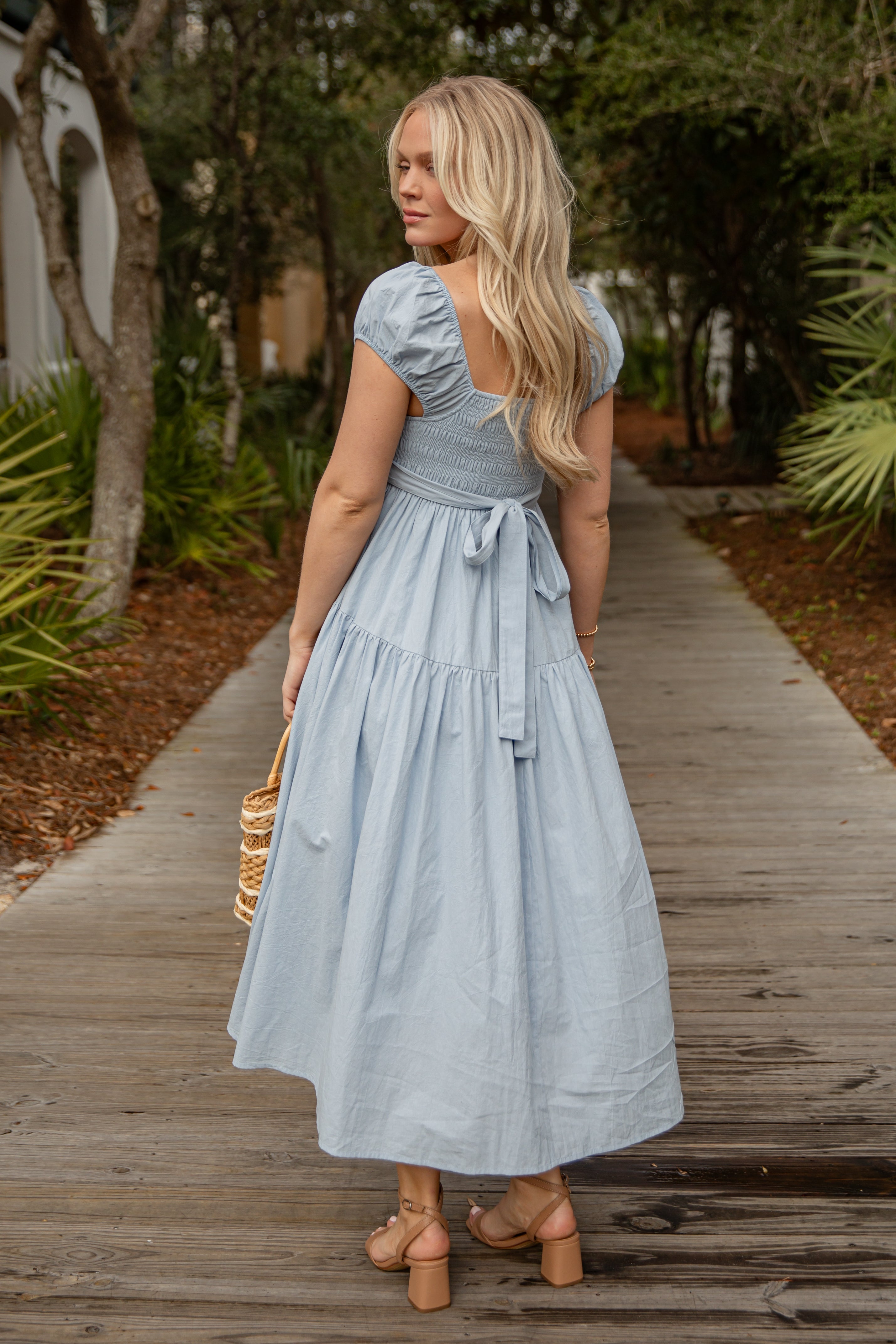 Coastal Muse Light Blue Smocked Midi Dress