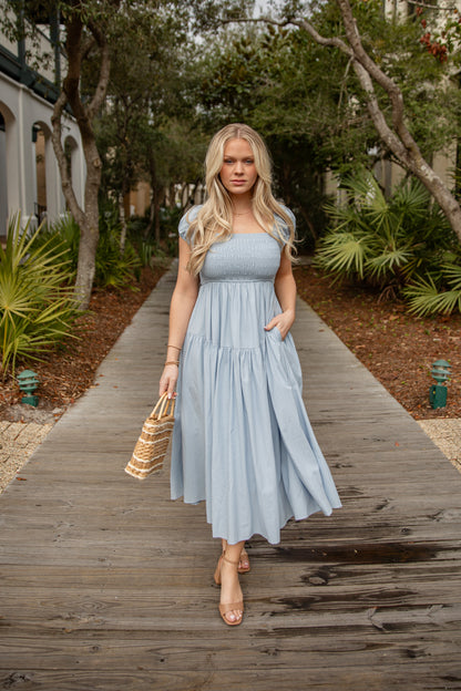 Coastal Muse Light Blue Smocked Midi Dress
