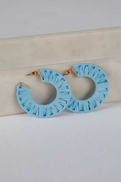 Light blue hoop earrings with gold accents on a light wooden surface.