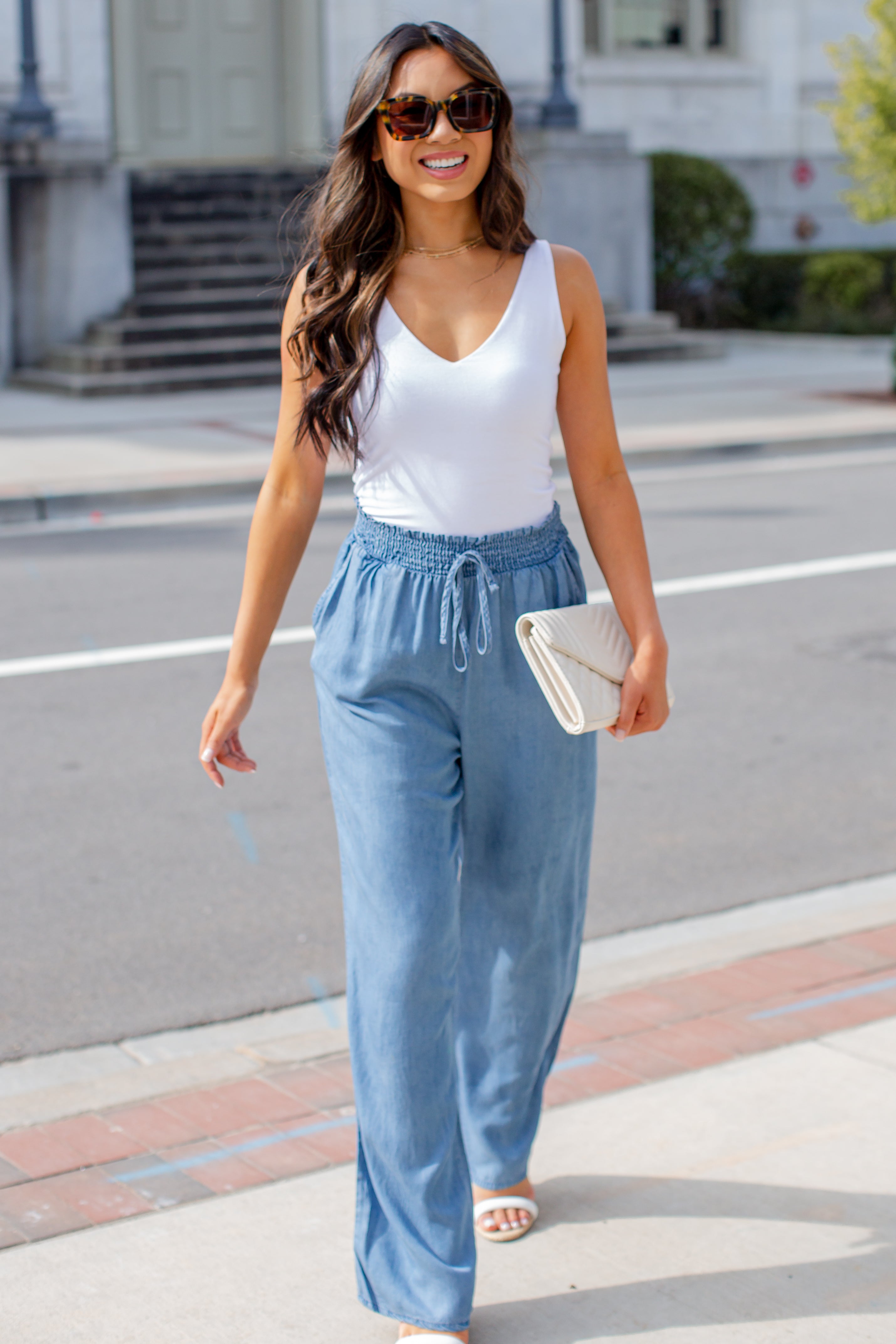 blue Wide Leg Pants on model