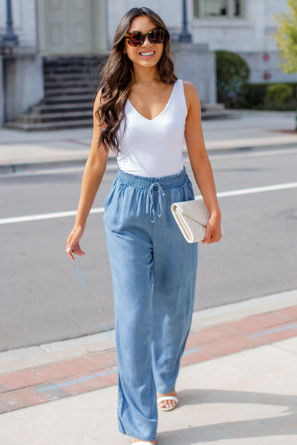 blue Wide Leg Pants on model