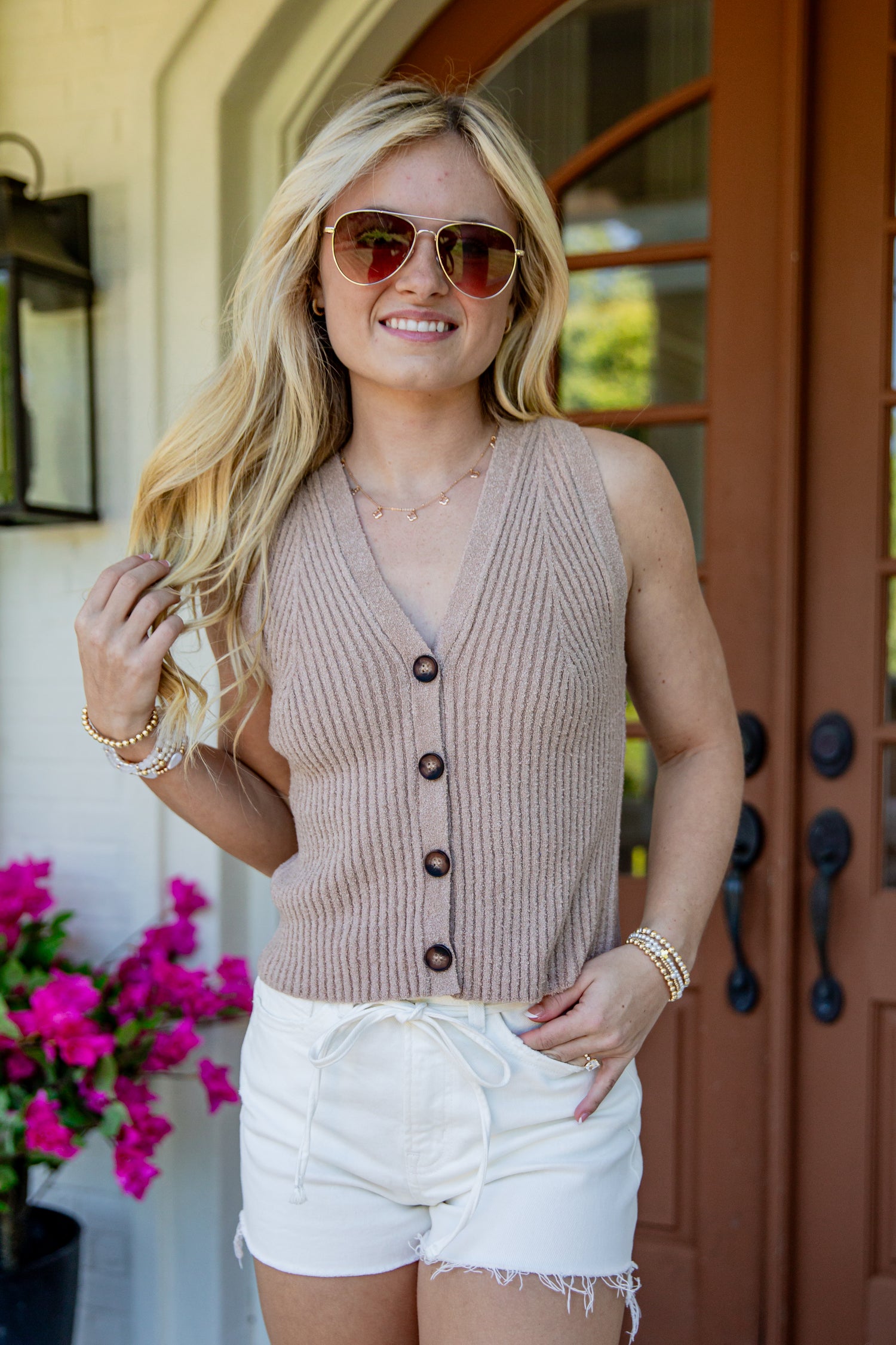 Trendy Taupe Button Front Knit Vest | Cute Women's Tops