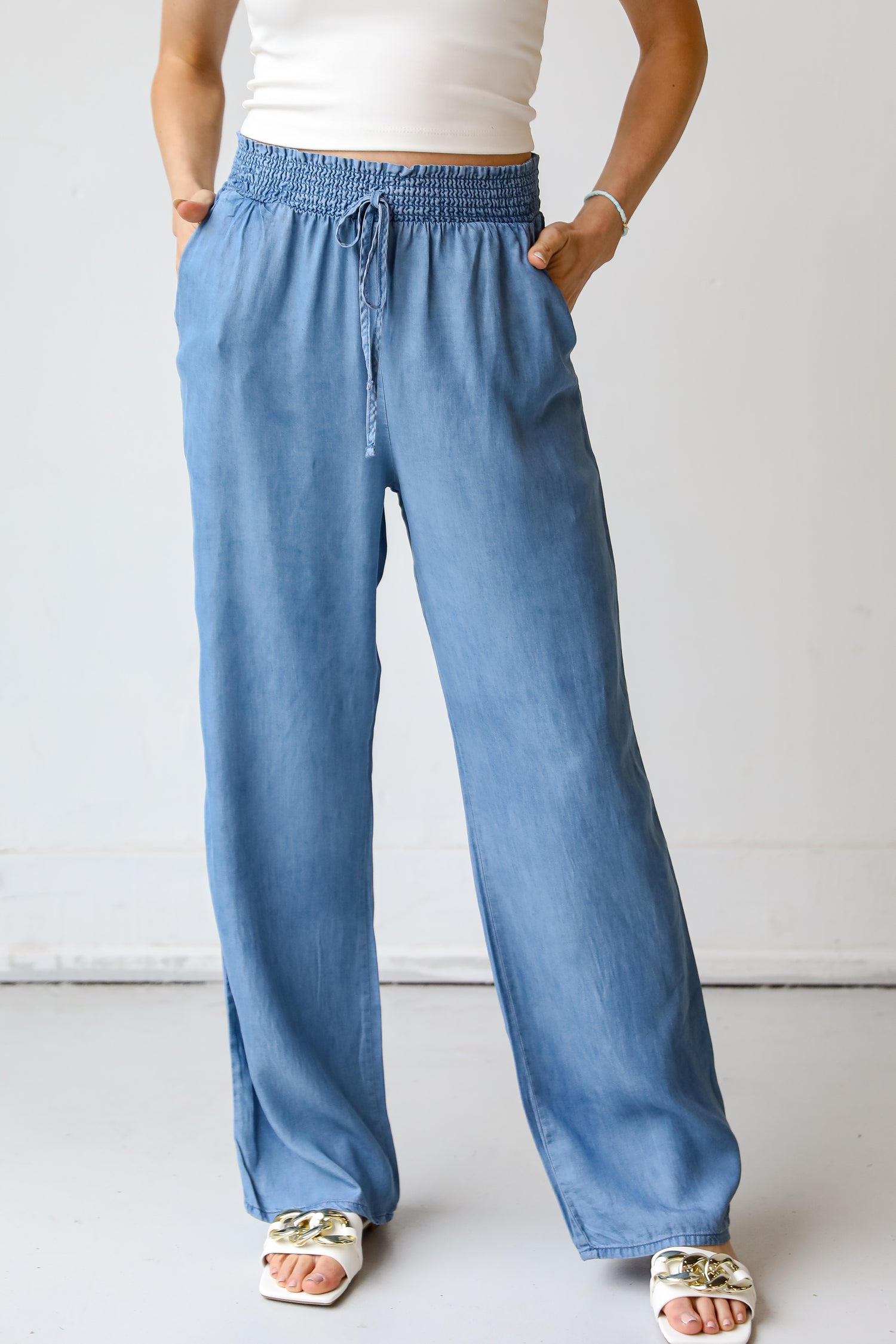 blue Wide Leg Pants close up