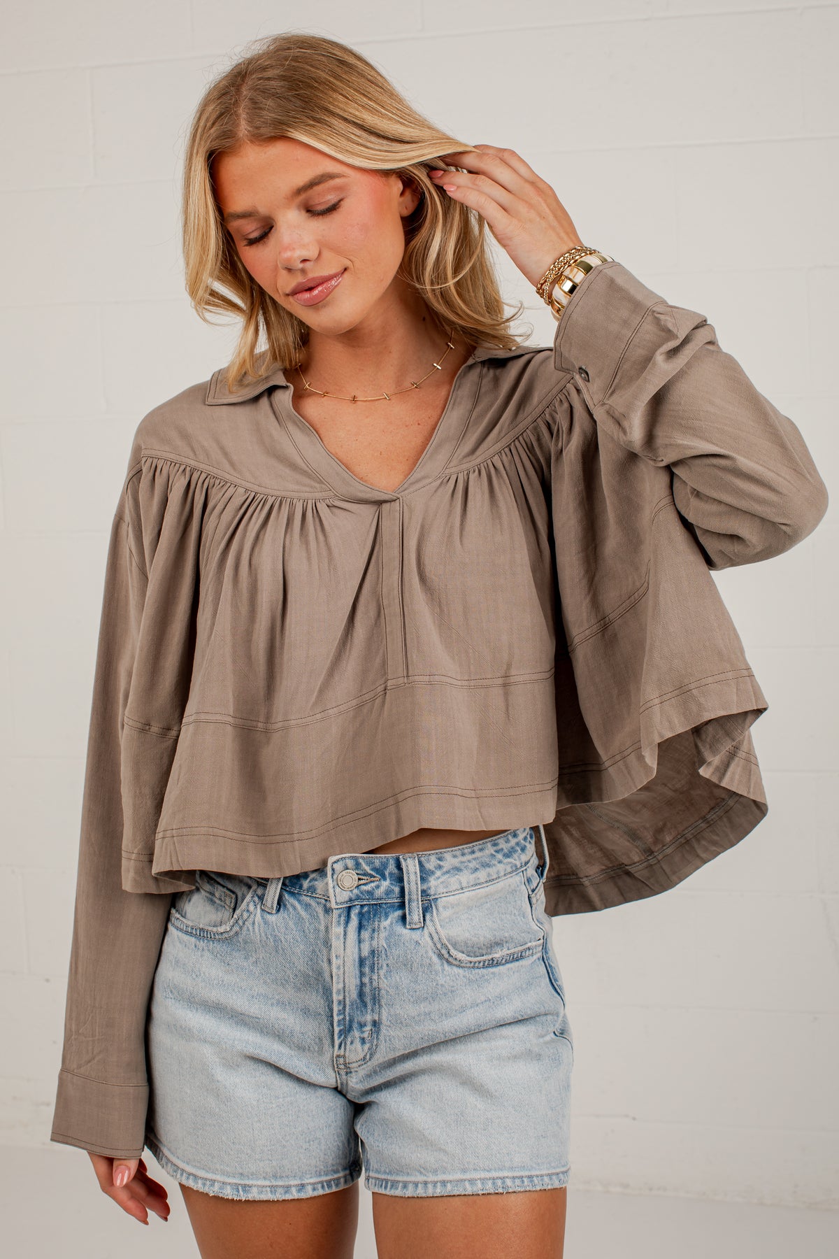 Quiet Charm Light Olive Ruffle Blouse