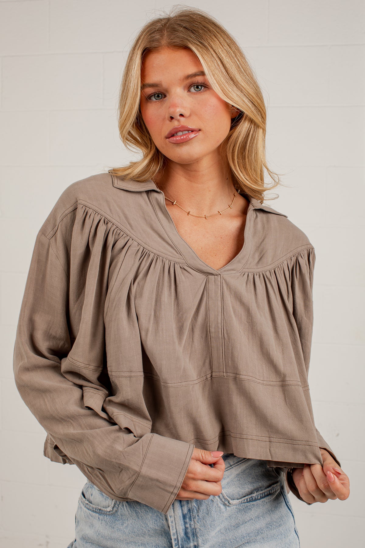 Quiet Charm Light Olive Ruffle Blouse