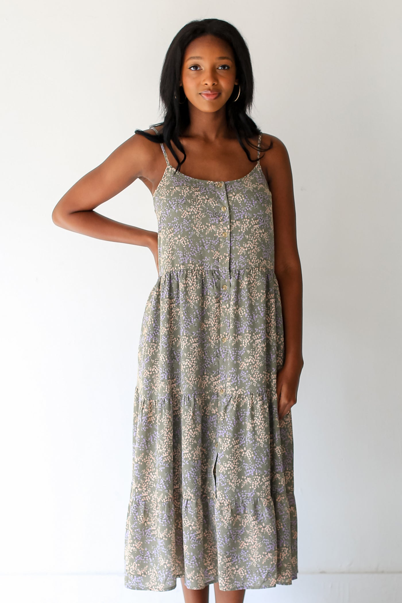 olive Floral Midi Dress front view