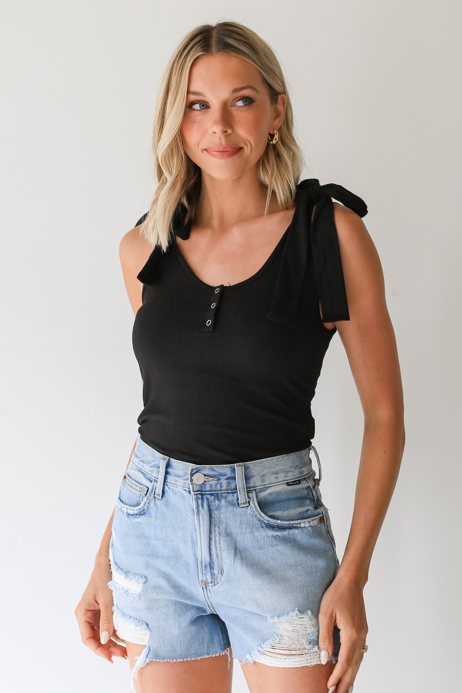 Distressed Denim Shorts on model