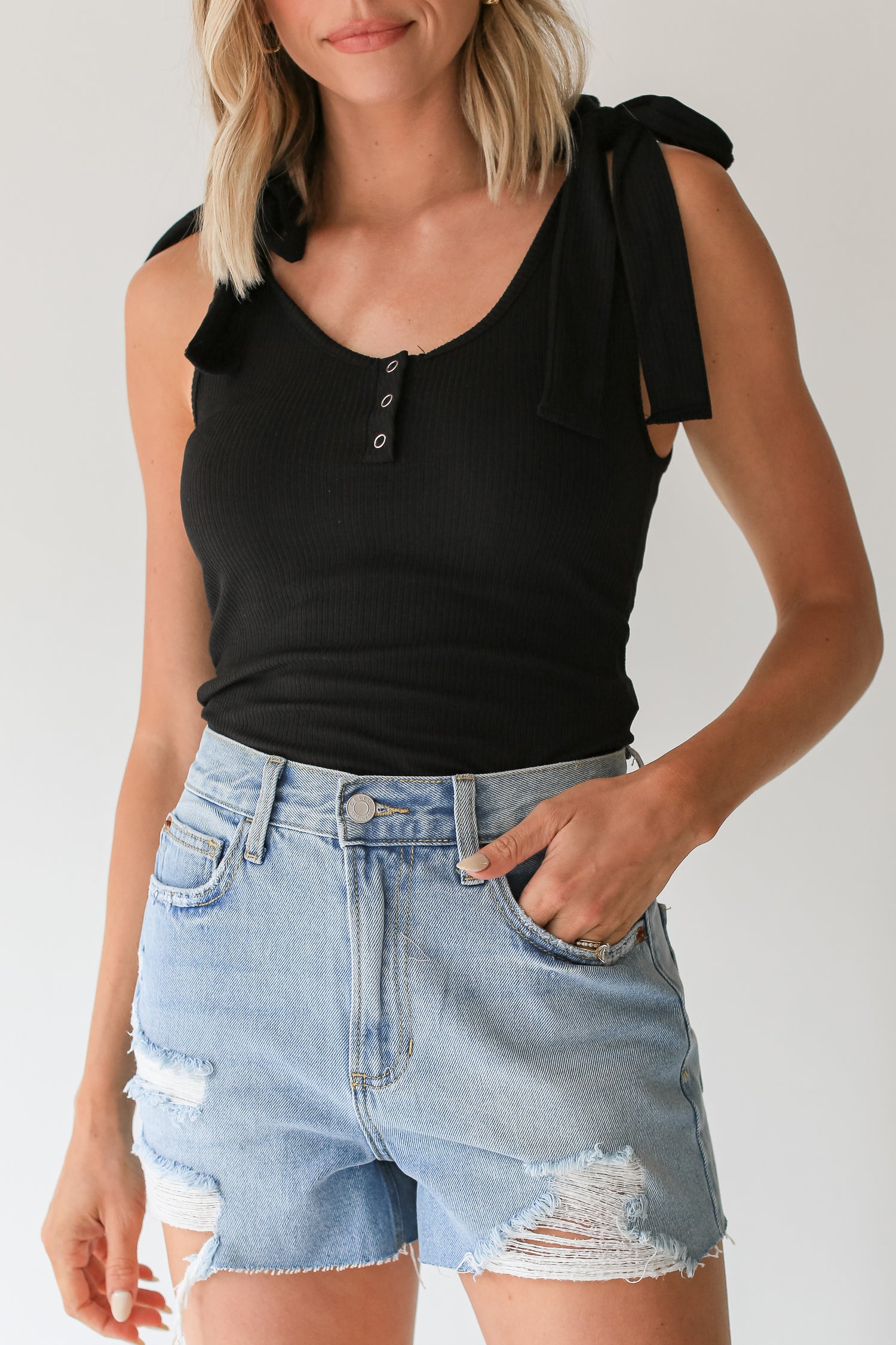 Distressed Denim Shorts front view