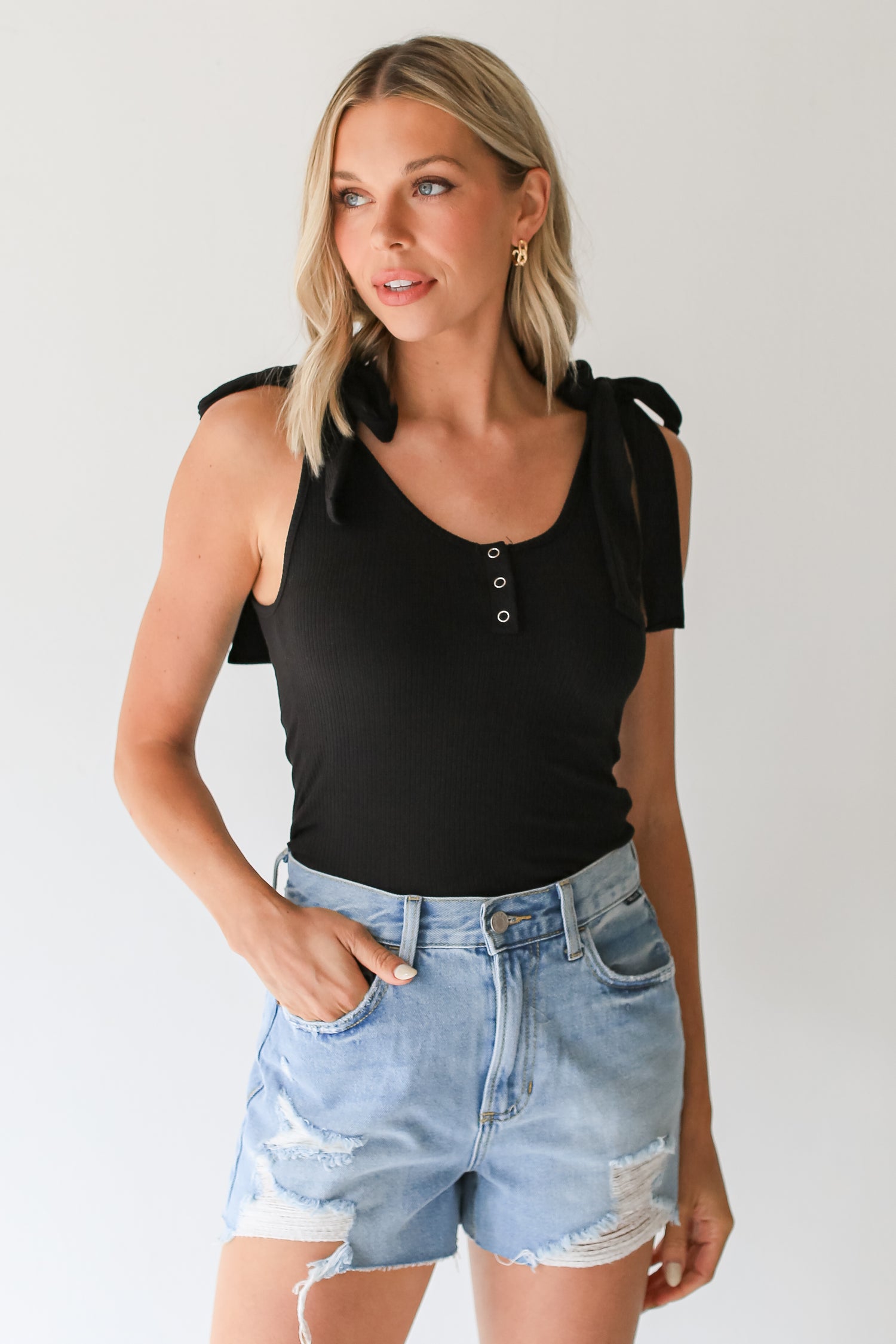 Distressed Denim Shorts on dress up model