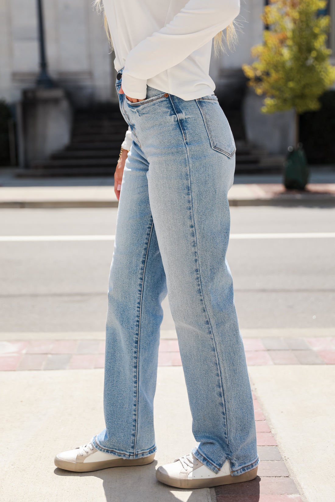 light wash Dad Jeans on model