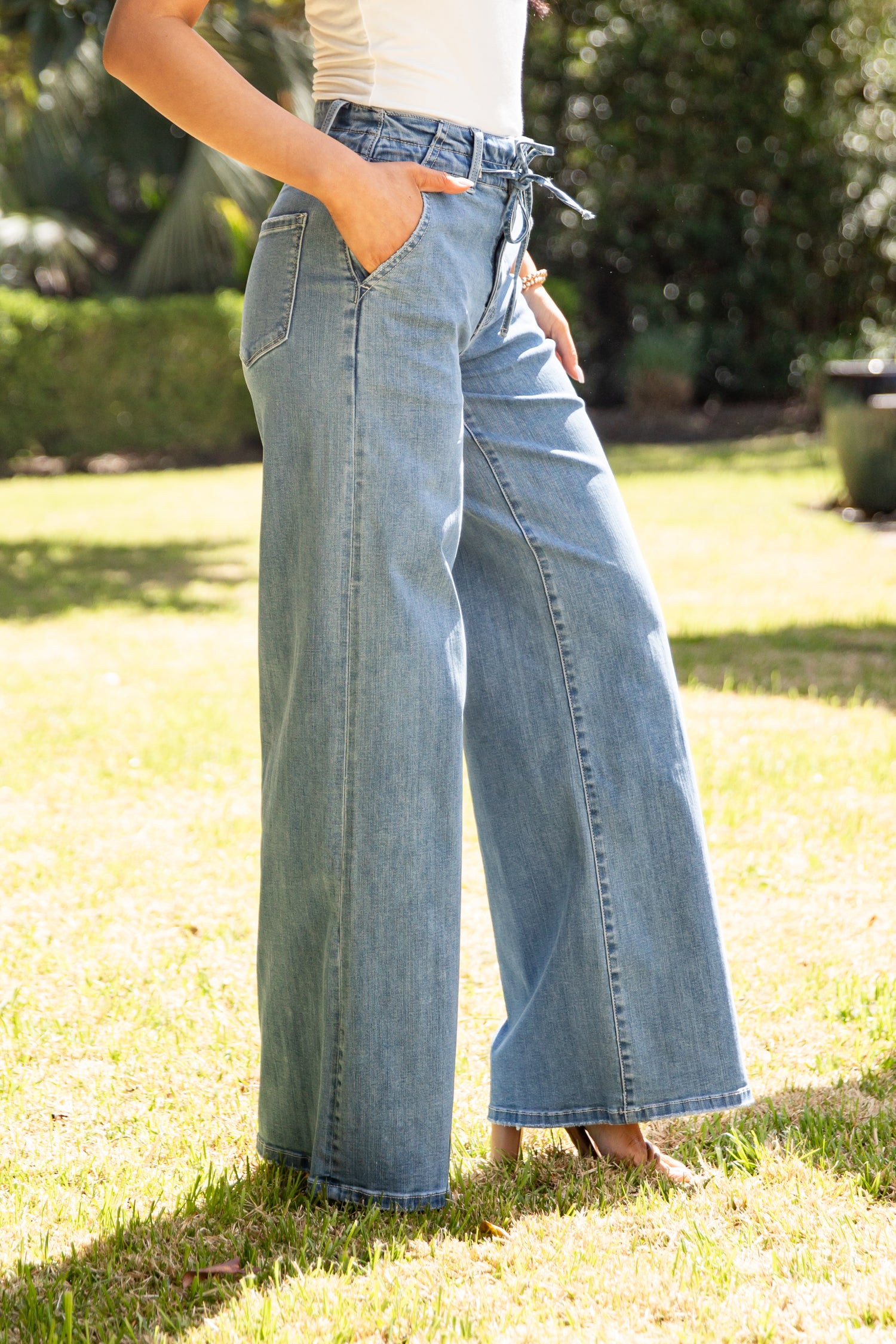 High Rise Light Wash Tie Waist Jeans | Women's Trendy Jeans