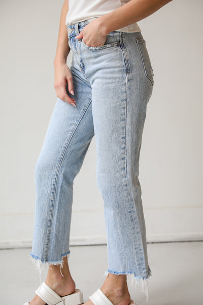 Kendall Light Wash Distressed Dad Jeans are high rise, classic 5- pocked cut, spring denim. vervet denim jeans