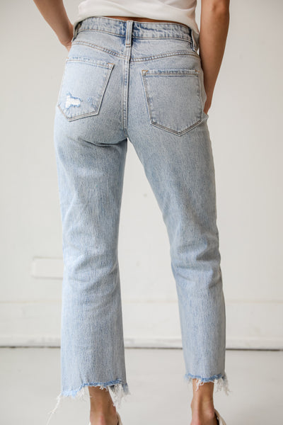 Kendall Light Wash Distressed Dad Jeans are high rise, classic 5- pocked cut, spring denim. vervet denim jeans