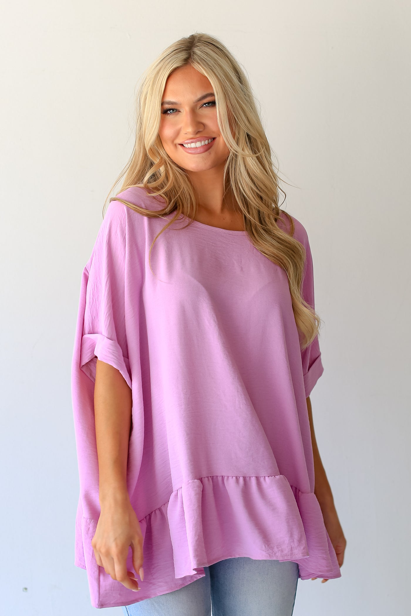 pink Oversized Ruffle Blouse front view