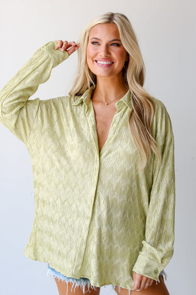 lime green Textured Button-Up Blouse on model
