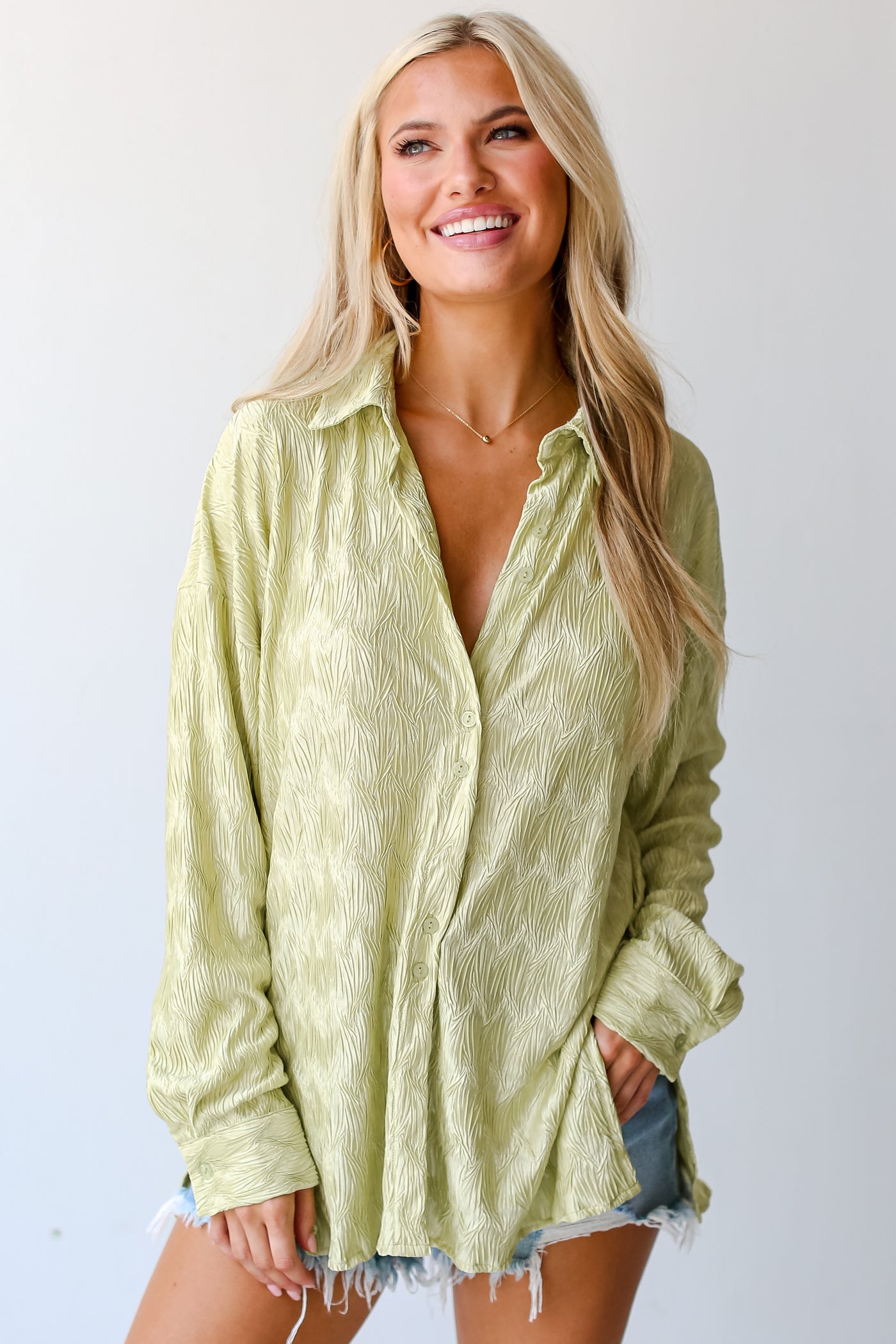 lime green Textured Button-Up Blouse on dress up model