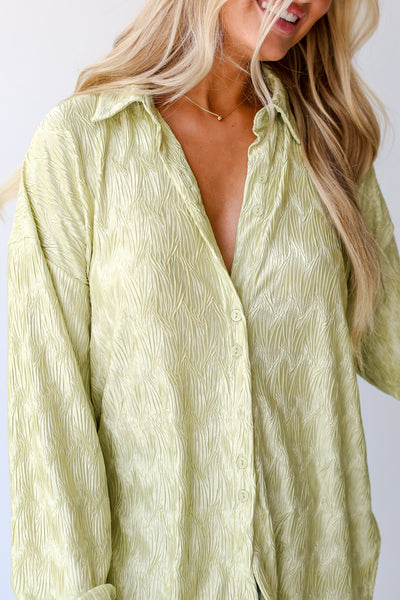 lime green Textured Button-Up Blouse close up