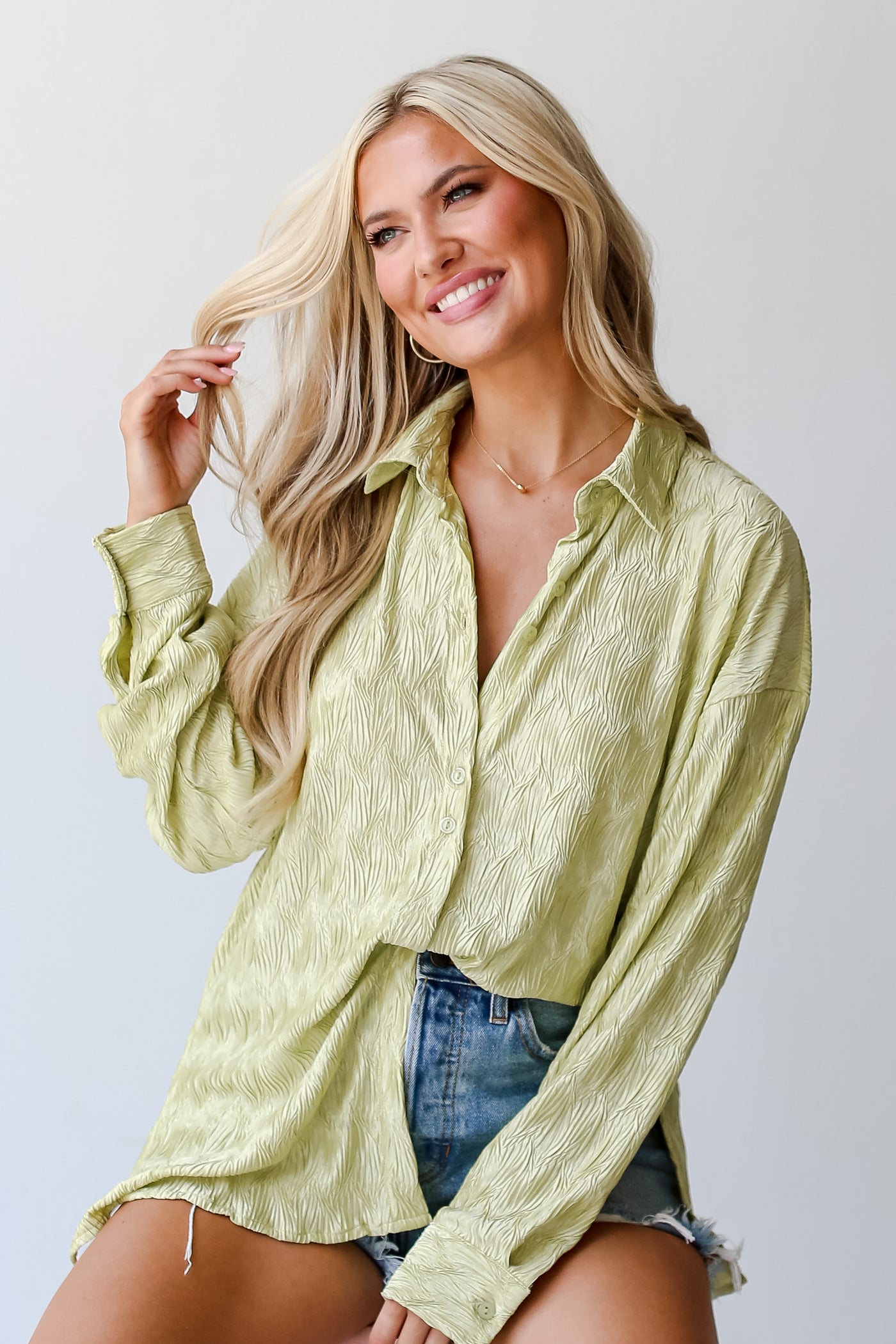 lime green Textured Button-Up Blouse front view
