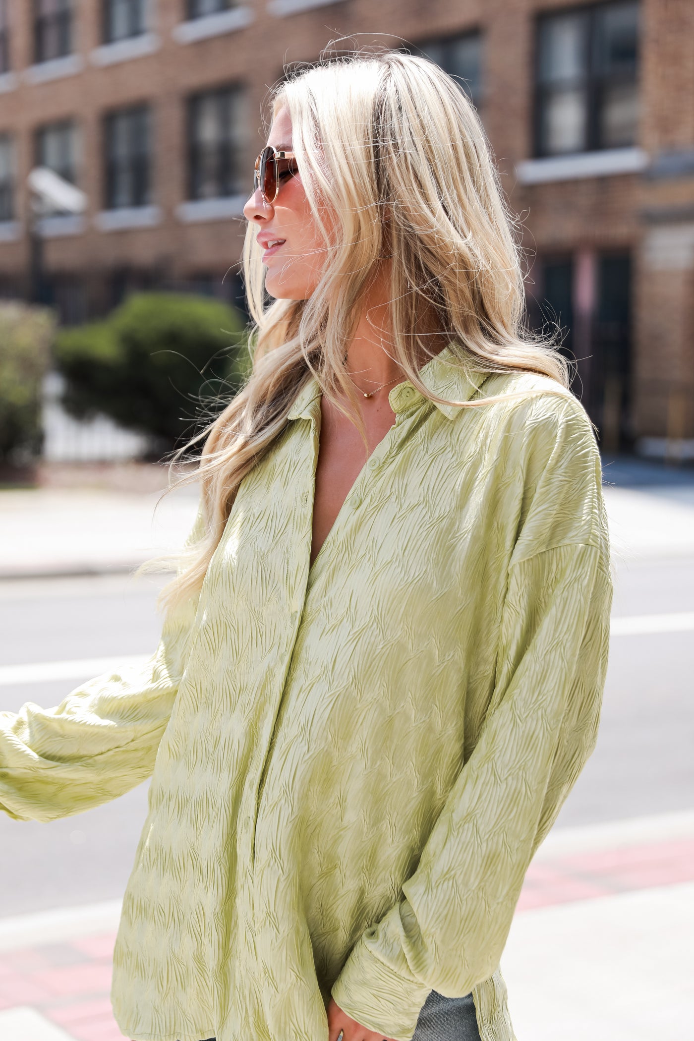 lime green Textured Button-Up Blouse