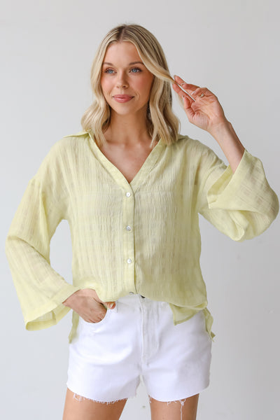 green Button-Up Blouse front view