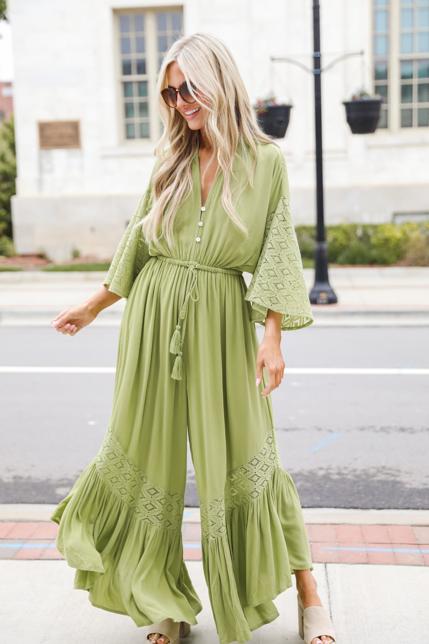 green Lace Jumpsuit on model