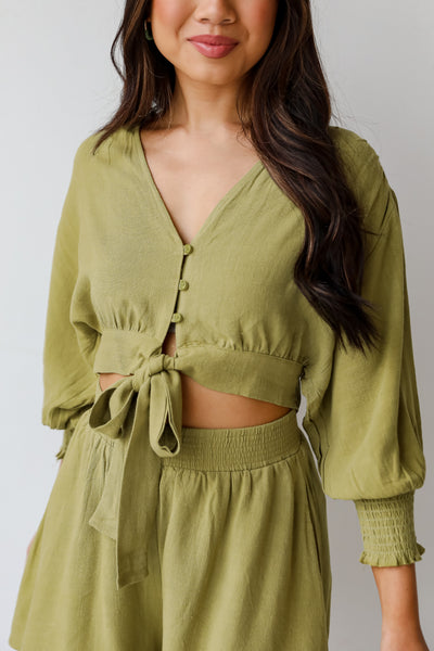 green Linen Blouse on model