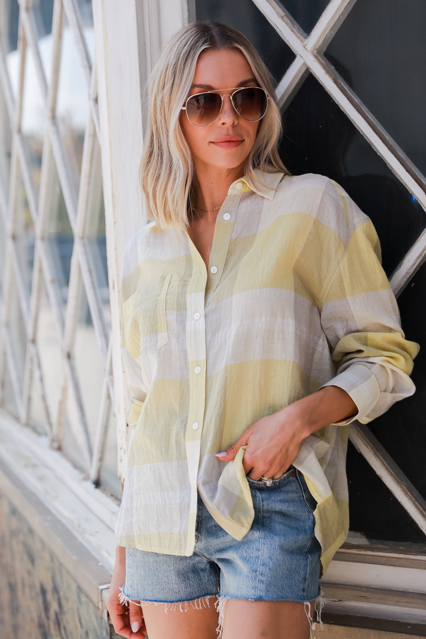 yellow Plaid Button-Up Blouse on model